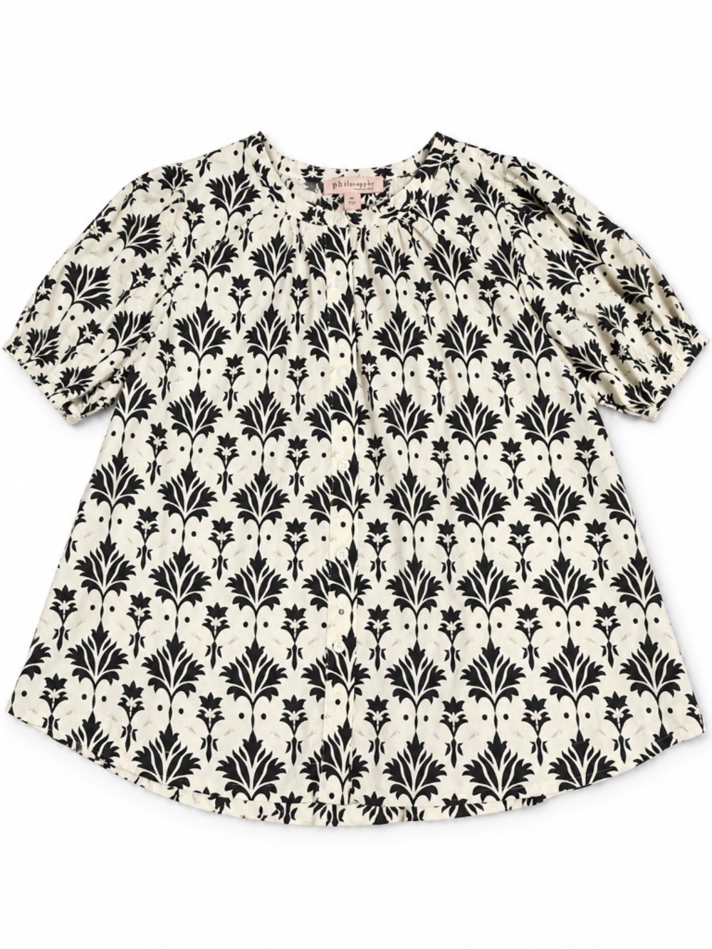 Philosophy Womens S Black Ivory Floral Button Front Blouse Puff Sleeve